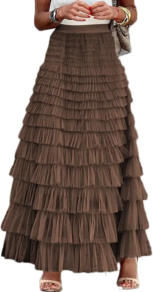 Women Elegant Layered Ruffles Mesh Tiered Skirt Sheer Mesh Lace Floral A Line High Waist Long Maxi Tulle Skirt