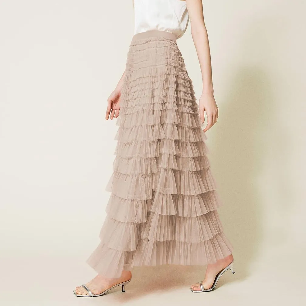 Women Elegant Layered Ruffles Mesh Tiered Skirt Sheer Mesh Lace Floral A Line High Waist Long Maxi Tulle Skirt