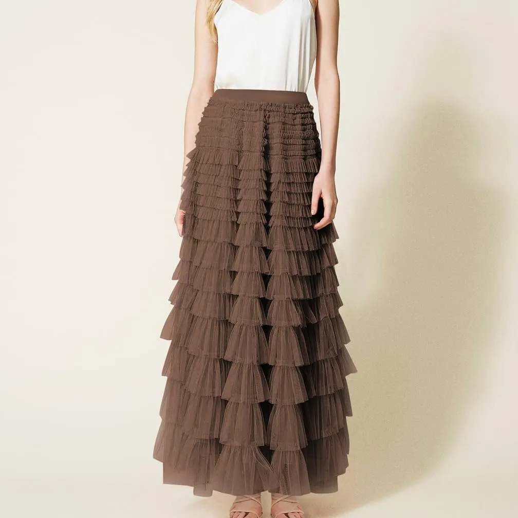 Women Elegant Layered Ruffles Mesh Tiered Skirt Sheer Mesh Lace Floral A Line High Waist Long Maxi Tulle Skirt