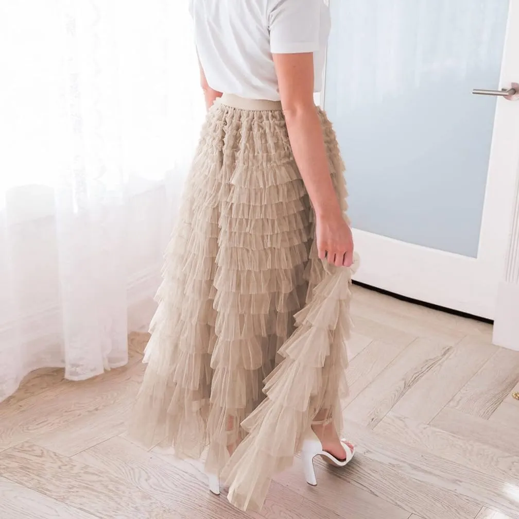 Women Elegant Layered Ruffles Mesh Tiered Skirt Sheer Mesh Lace Floral A Line High Waist Long Maxi Tulle Skirt