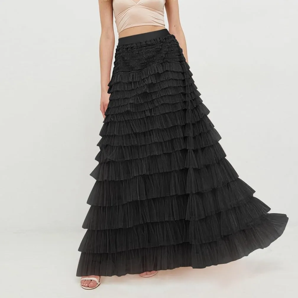 Women Elegant Layered Ruffles Mesh Tiered Skirt Sheer Mesh Lace Floral A Line High Waist Long Maxi Tulle Skirt