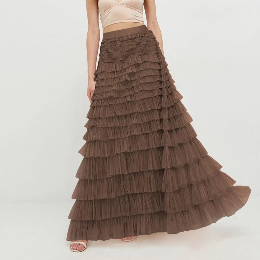 Women Elegant Layered Ruffles Mesh Tiered Skirt Sheer Mesh Lace Floral A Line High Waist Long Maxi Tulle Skirt