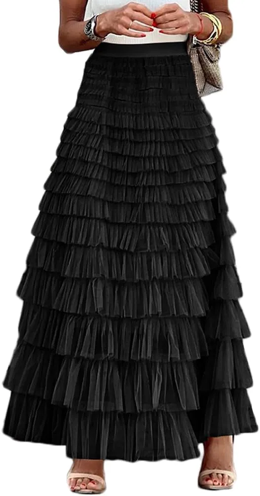 Women Elegant Layered Ruffles Mesh Tiered Skirt Sheer Mesh Lace Floral A Line High Waist Long Maxi Tulle Skirt