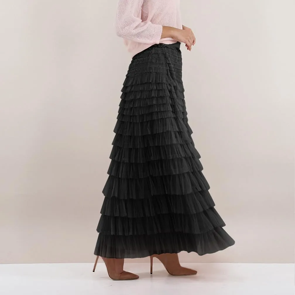 Women Elegant Layered Ruffles Mesh Tiered Skirt Sheer Mesh Lace Floral A Line High Waist Long Maxi Tulle Skirt