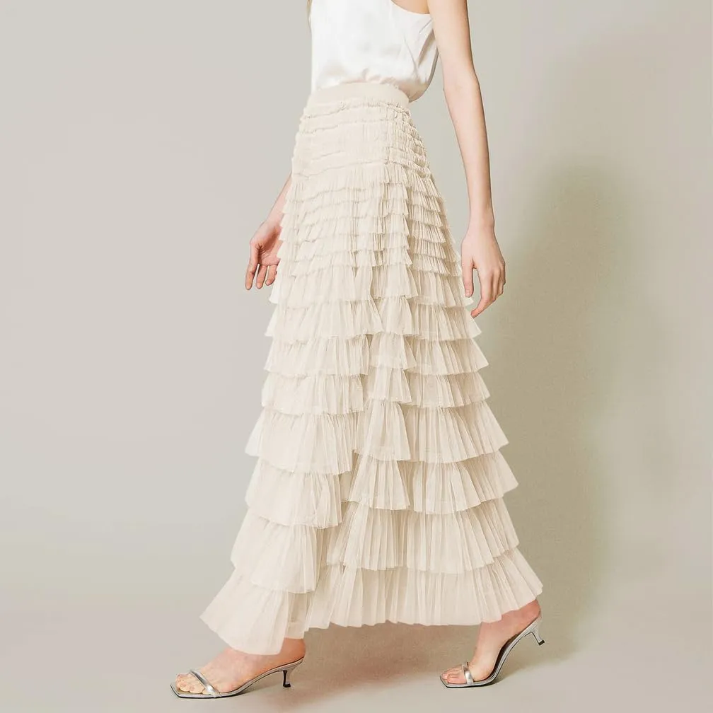 Women Elegant Layered Ruffles Mesh Tiered Skirt Sheer Mesh Lace Floral A Line High Waist Long Maxi Tulle Skirt