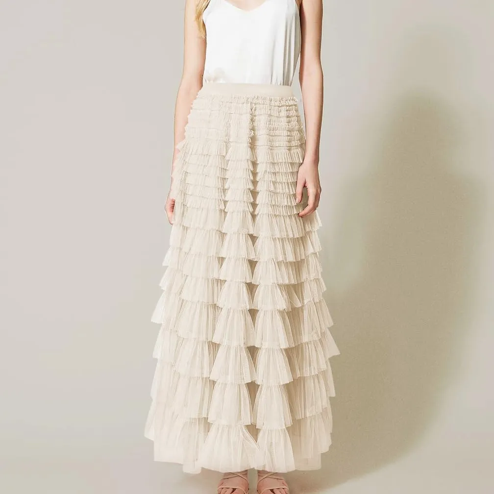 Women Elegant Layered Ruffles Mesh Tiered Skirt Sheer Mesh Lace Floral A Line High Waist Long Maxi Tulle Skirt
