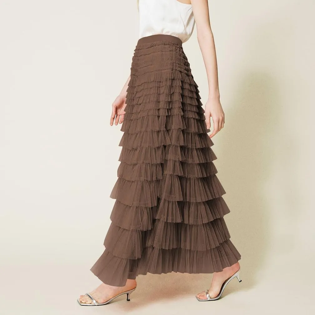Women Elegant Layered Ruffles Mesh Tiered Skirt Sheer Mesh Lace Floral A Line High Waist Long Maxi Tulle Skirt
