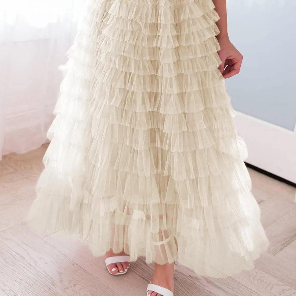Women Elegant Layered Ruffles Mesh Tiered Skirt Sheer Mesh Lace Floral A Line High Waist Long Maxi Tulle Skirt