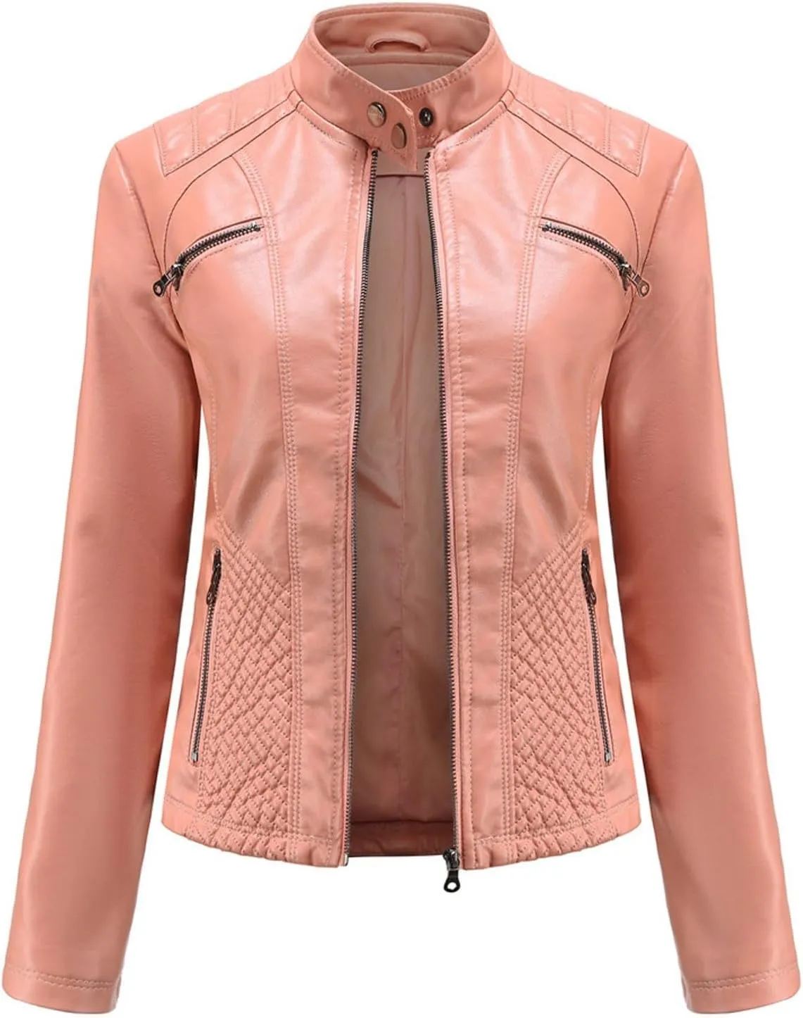 Women Faux Leather Jackets Belted Motorcycle Fashion Pu Moto Biker Short Coat Zip Up Long Sleeves Fitted Slim Outwear