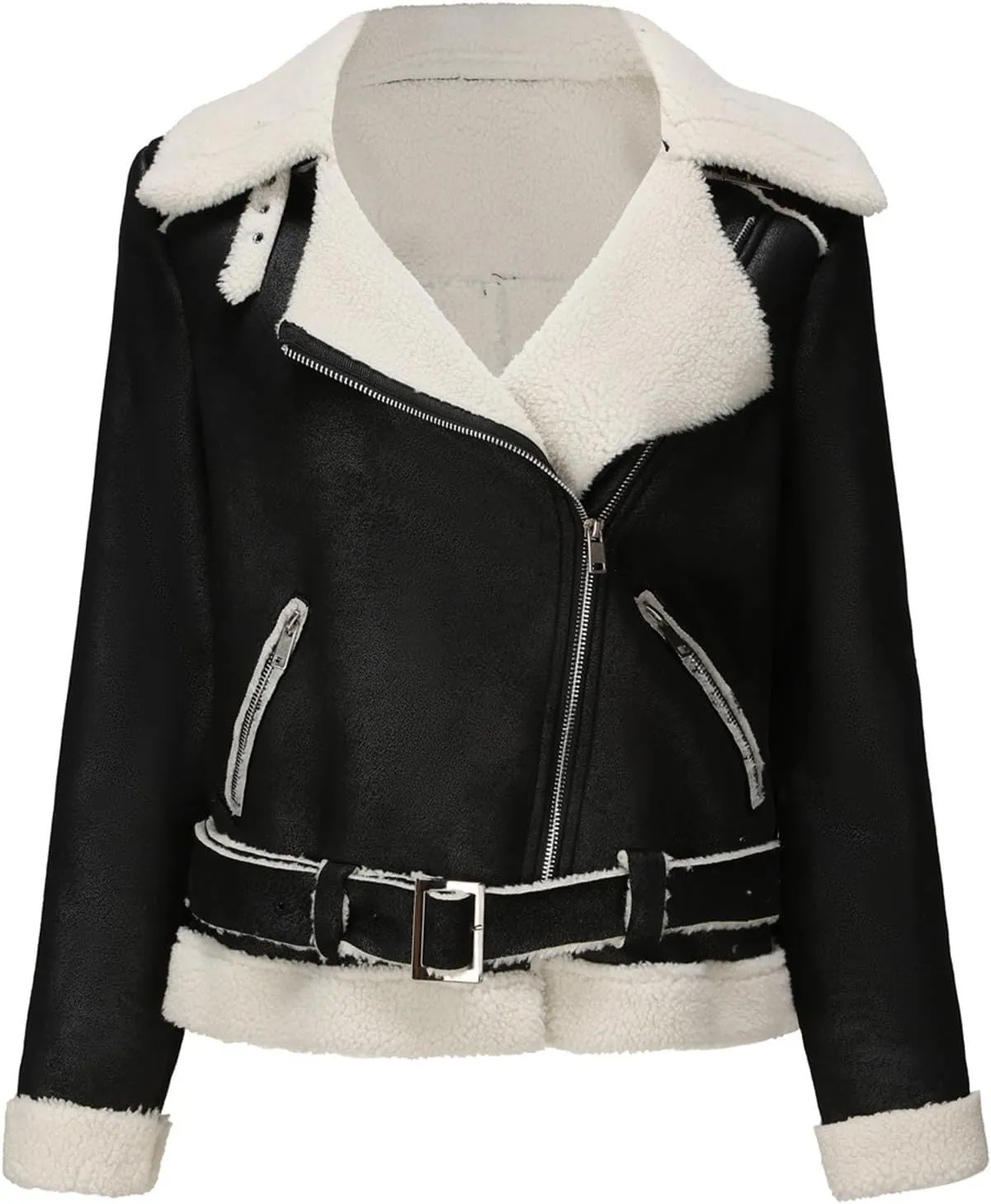 Women Faux Leather Jackets Fleece Fuzzy Winter Coats Motorcycle Plus Size Moto Biker Coat Casual Notch Lapel Outerwear