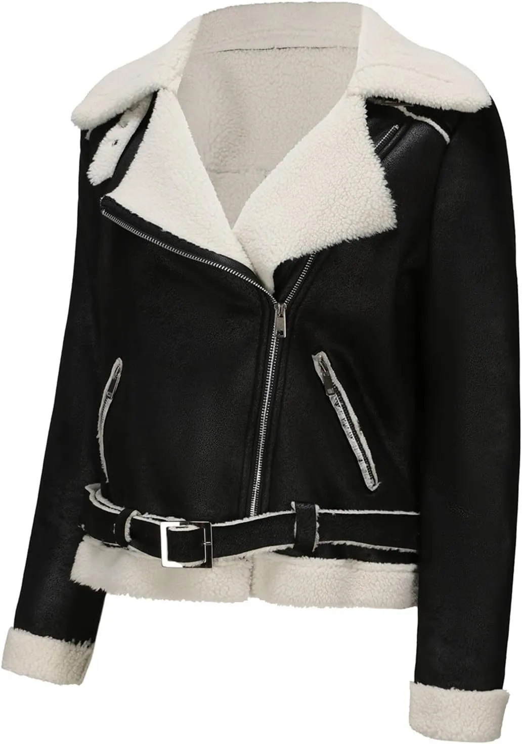 Women Faux Leather Jackets Fleece Fuzzy Winter Coats Motorcycle Plus Size Moto Biker Coat Casual Notch Lapel Outerwear