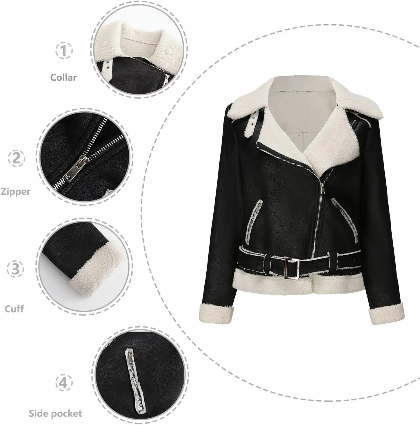 Women Faux Leather Jackets Fleece Fuzzy Winter Coats Motorcycle Plus Size Moto Biker Coat Casual Notch Lapel Outerwear