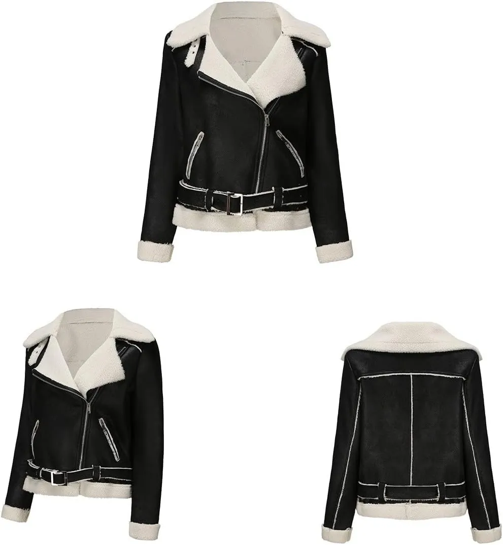 Women Faux Leather Jackets Fleece Fuzzy Winter Coats Motorcycle Plus Size Moto Biker Coat Casual Notch Lapel Outerwear