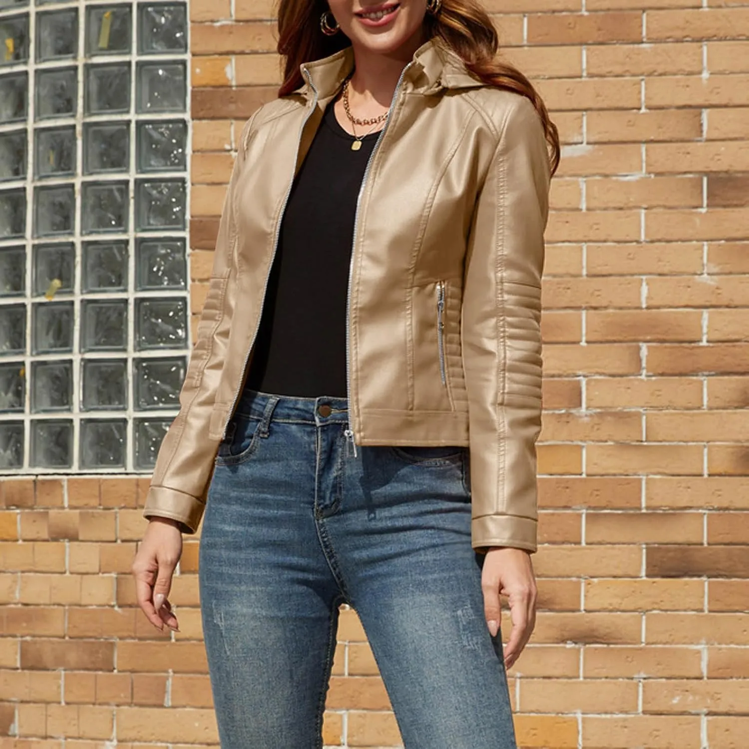 Women Faux Leather Shacket Long Sleeve Zip Up Motorcycle Cropped Jacket Moto Biker Blazer Lapel PU Short Casual Coats
