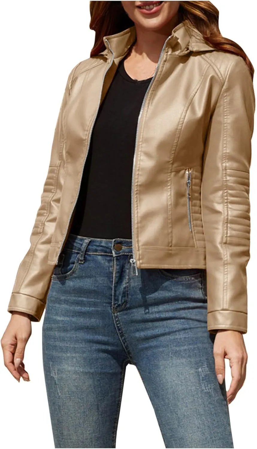 Women Faux Leather Shacket Long Sleeve Zip Up Motorcycle Cropped Jacket Moto Biker Blazer Lapel PU Short Casual Coats