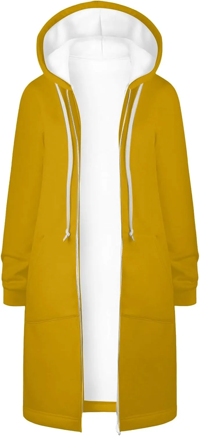 Women Hoodies Coat Fall Winter Warm Pockets Drawstring Zipper Open Thin Hooded Hippie Vacation Trench Coat Party
