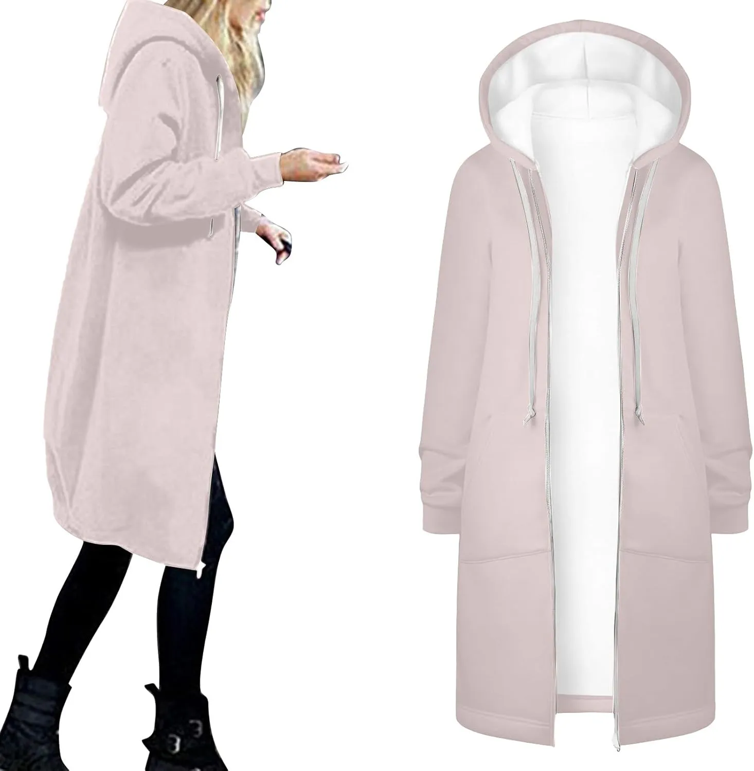 Women Hoodies Coat Fall Winter Warm Pockets Drawstring Zipper Open Thin Hooded Hippie Vacation Trench Coat Party
