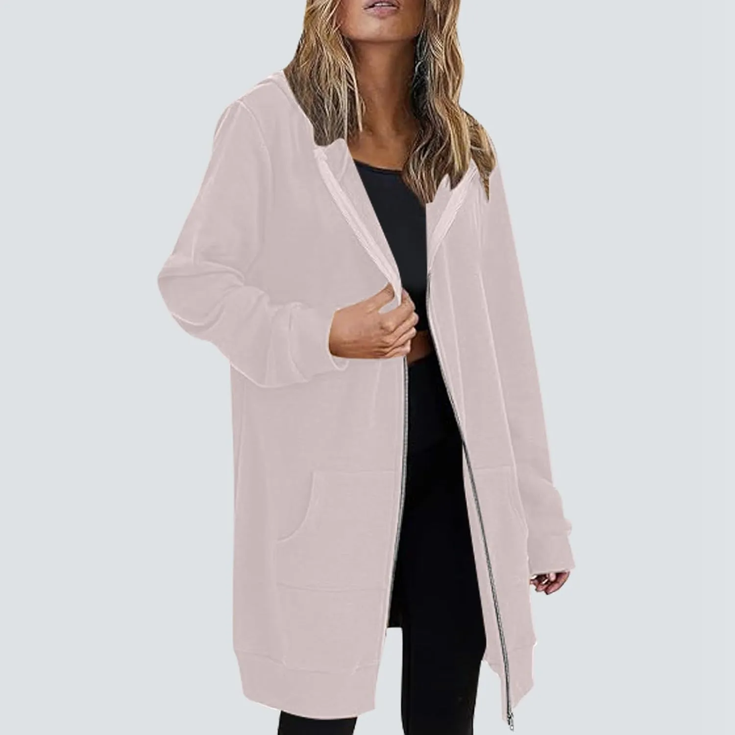 Women Hoodies Coat Fall Winter Warm Pockets Drawstring Zipper Open Thin Hooded Hippie Vacation Trench Coat Party