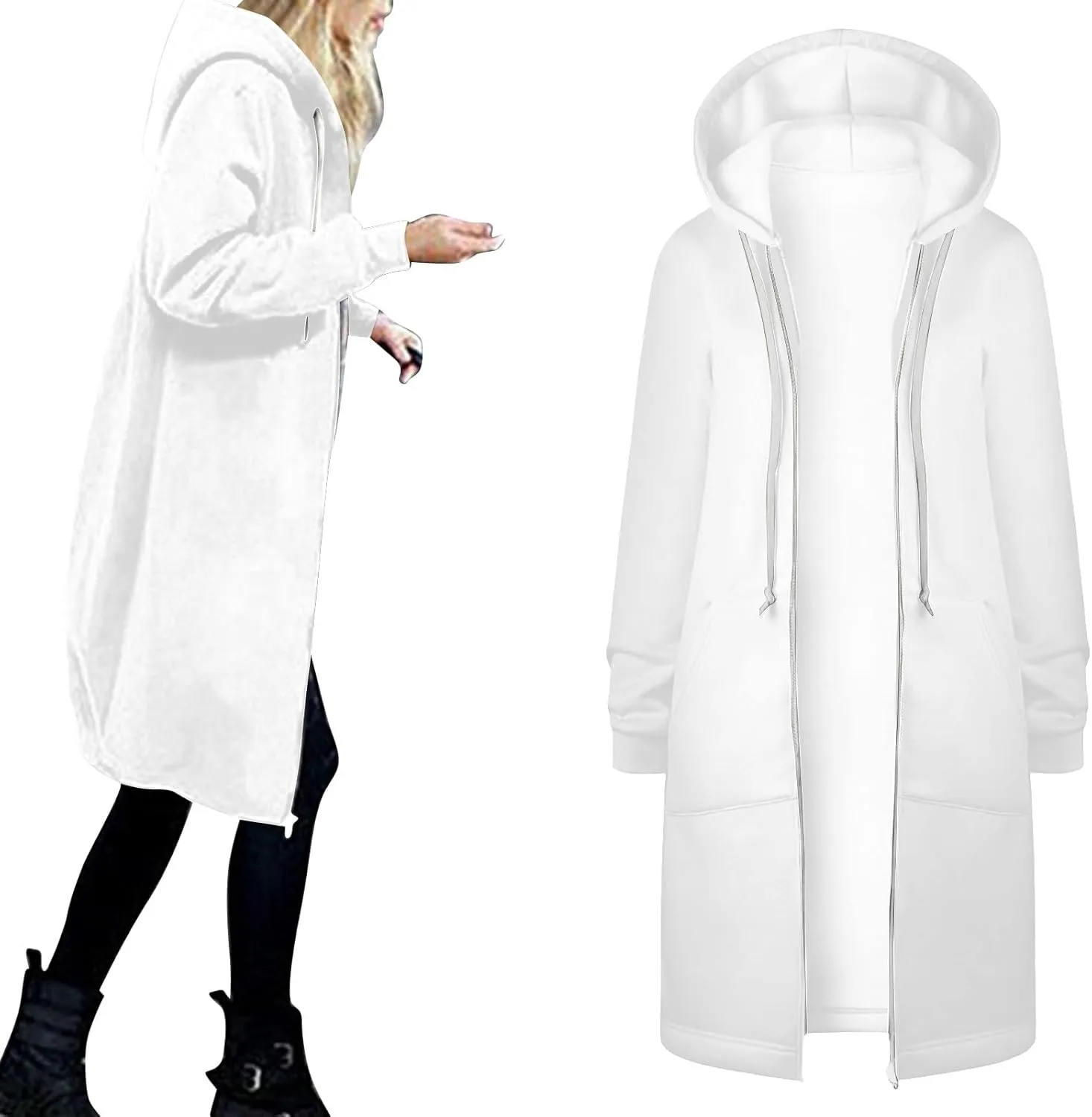 Women Hoodies Coat Fall Winter Warm Pockets Drawstring Zipper Open Thin Hooded Hippie Vacation Trench Coat Party