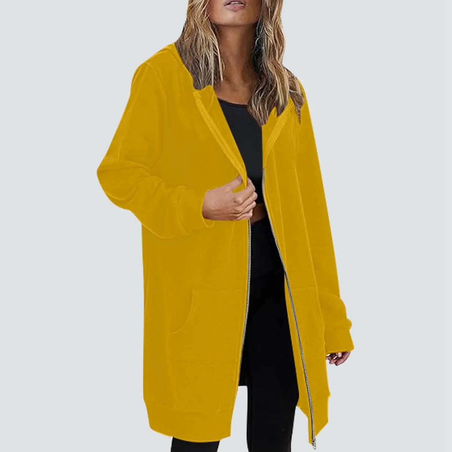 Women Hoodies Coat Fall Winter Warm Pockets Drawstring Zipper Open Thin Hooded Hippie Vacation Trench Coat Party