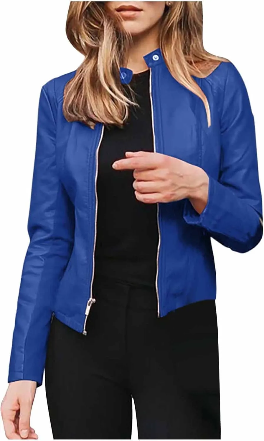 Women Jacket Coat Stand Collar Full Zip Motor Long Sleeve Leather Biker Short Punk Cropped Tops