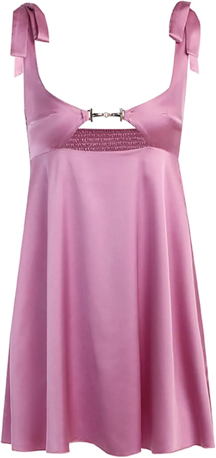 Women Lace Spaghetti Strap Camisole Dress Short Tie-up Party Mini Satin Summer Tunic V Neck A-Line Bodycon Dresses