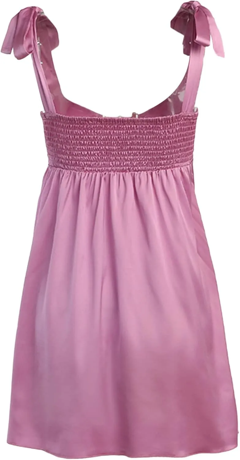 Women Lace Spaghetti Strap Camisole Dress Short Tie-up Party Mini Satin Summer Tunic V Neck A-Line Bodycon Dresses