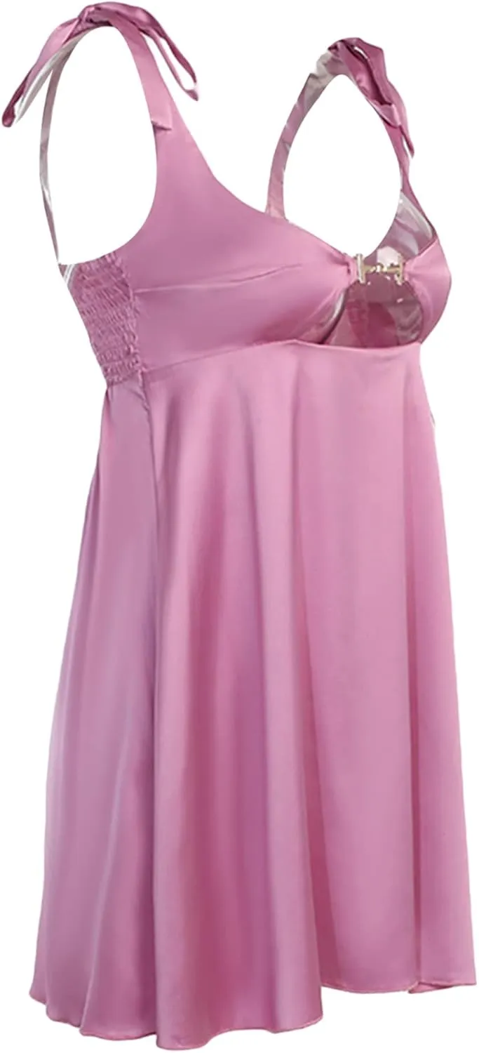 Women Lace Spaghetti Strap Camisole Dress Short Tie-up Party Mini Satin Summer Tunic V Neck A-Line Bodycon Dresses