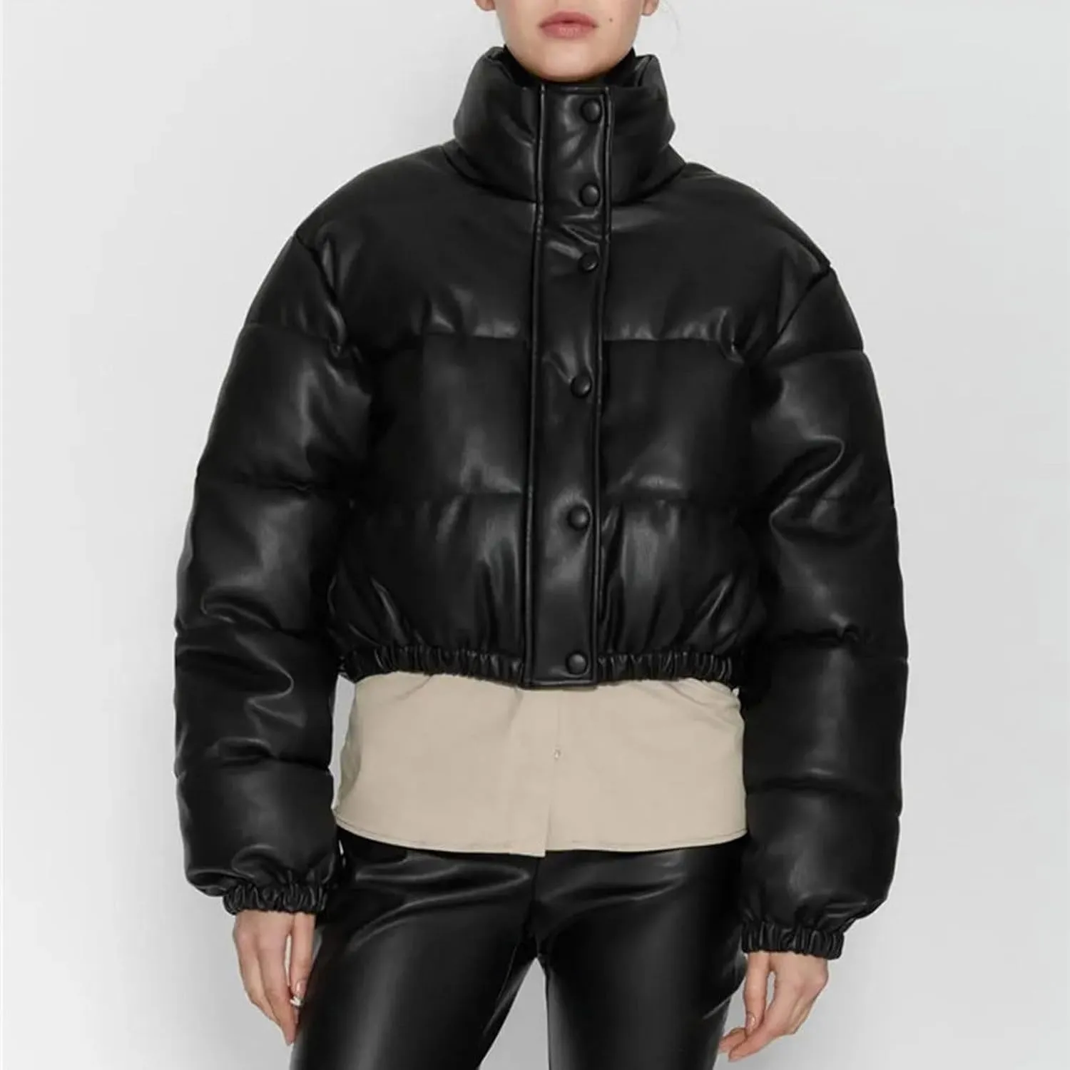 Women Leather Puffer Jackets Cropped Down Coats Stand Collar Fashion Winter Coats Button Up Bubble Moto Bomber Jackets