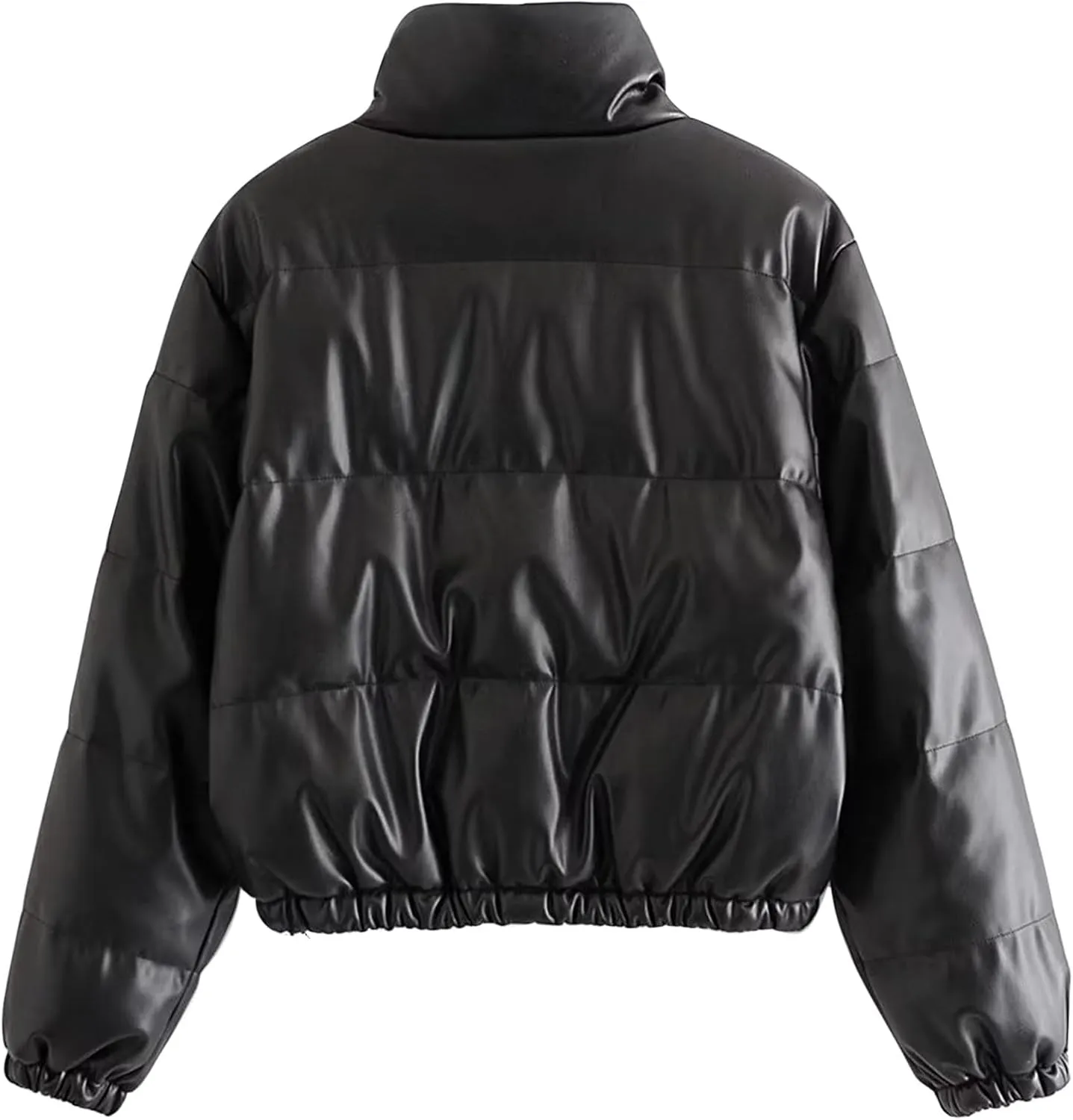 Women Leather Puffer Jackets Cropped Down Coats Stand Collar Fashion Winter Coats Button Up Bubble Moto Bomber Jackets