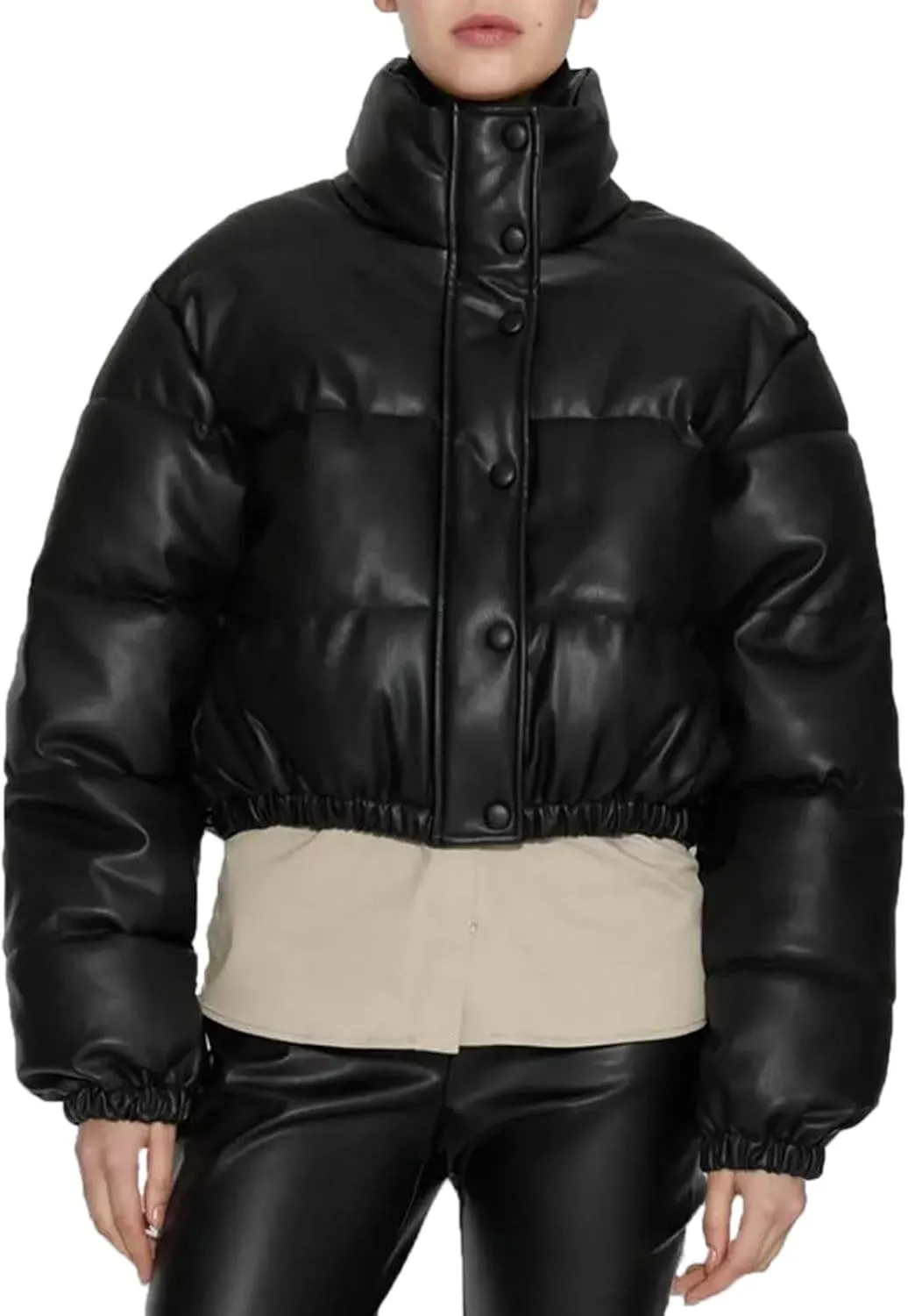 Women Leather Puffer Jackets Cropped Down Coats Stand Collar Fashion Winter Coats Button Up Bubble Moto Bomber Jackets