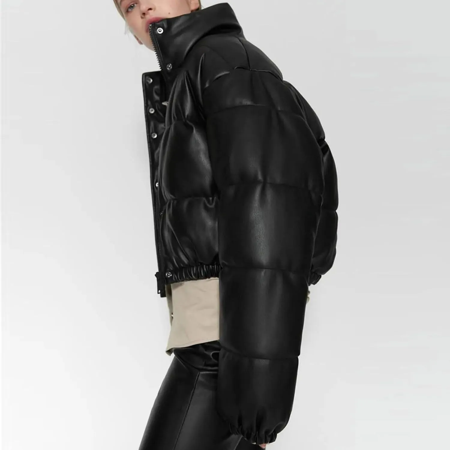 Women Leather Puffer Jackets Cropped Down Coats Stand Collar Fashion Winter Coats Button Up Bubble Moto Bomber Jackets