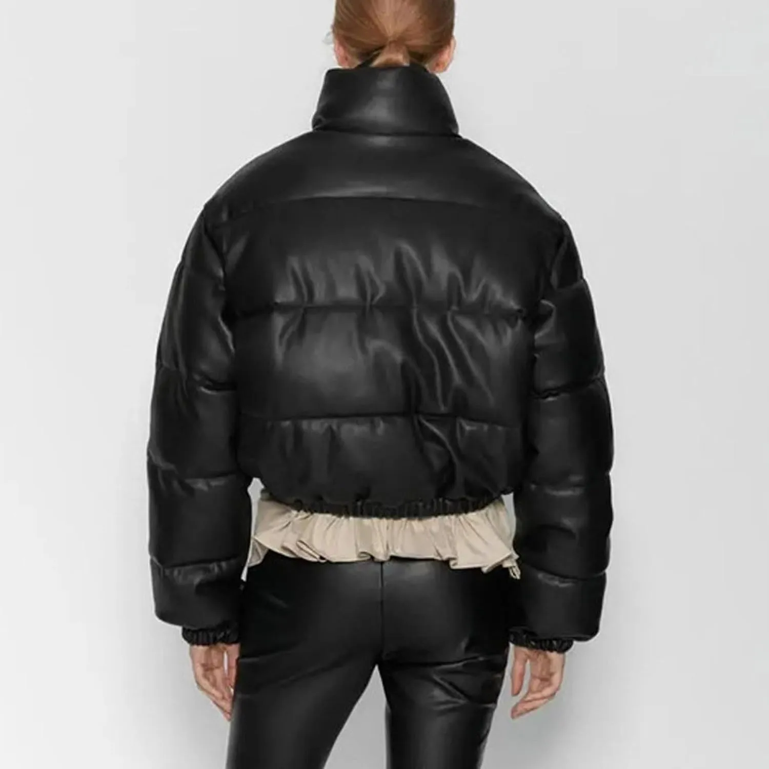 Women Leather Puffer Jackets Cropped Down Coats Stand Collar Fashion Winter Coats Button Up Bubble Moto Bomber Jackets