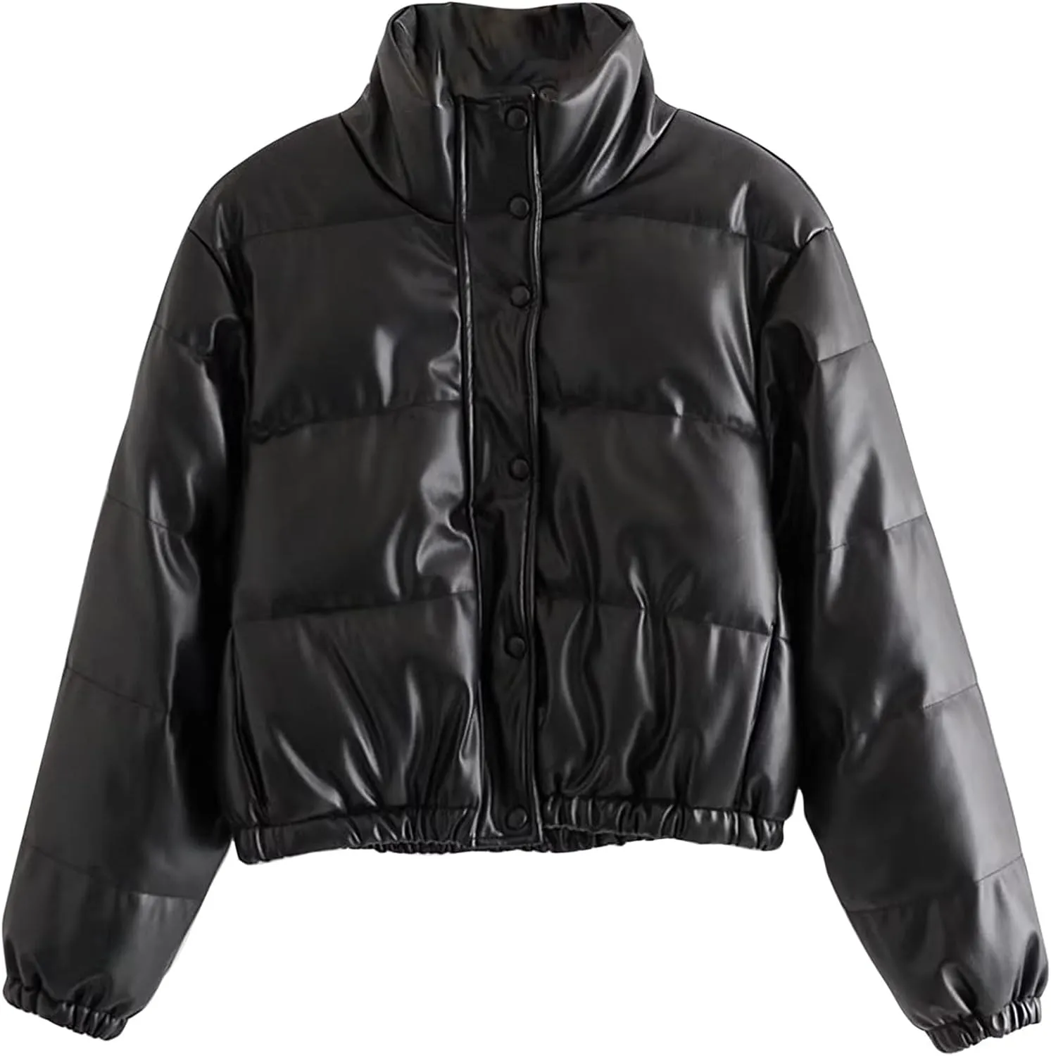 Women Leather Puffer Jackets Cropped Down Coats Stand Collar Fashion Winter Coats Button Up Bubble Moto Bomber Jackets