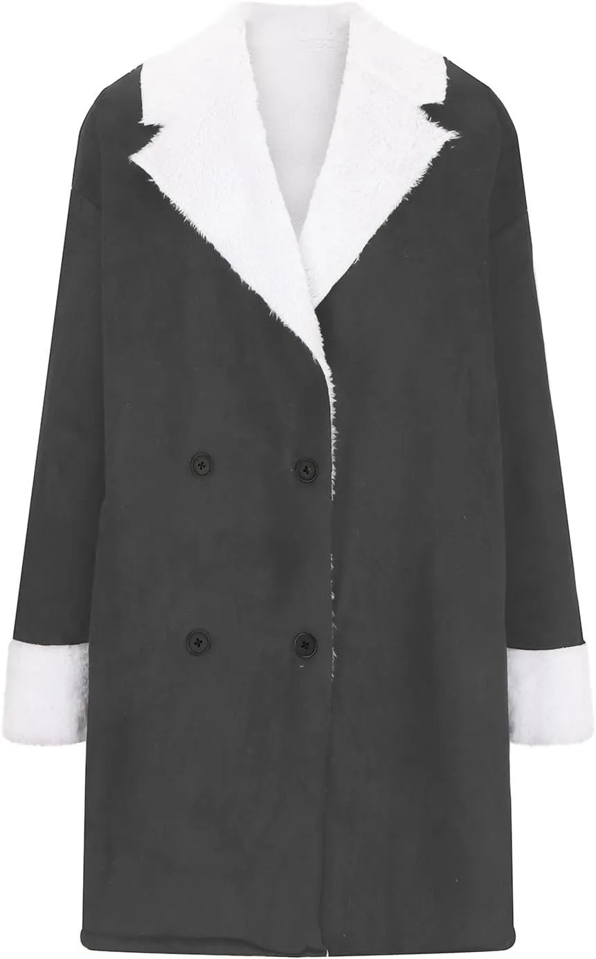 Women Notched Collar Double Breasted Sherpa Fleece Lined Overcoat Winter Warm Trench Coat Thick Long Jacket Pea Coats