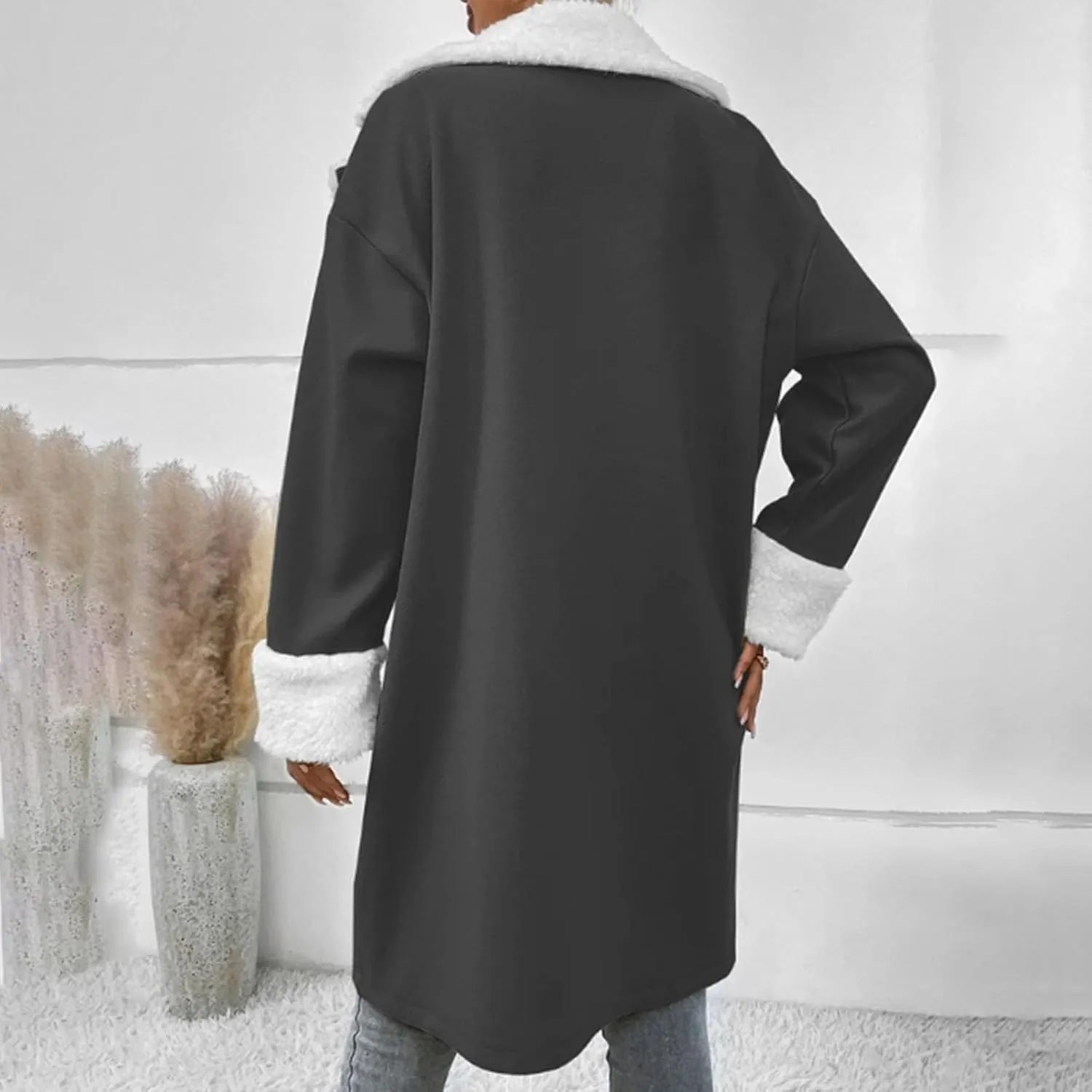 Women Notched Collar Double Breasted Sherpa Fleece Lined Overcoat Winter Warm Trench Coat Thick Long Jacket Pea Coats