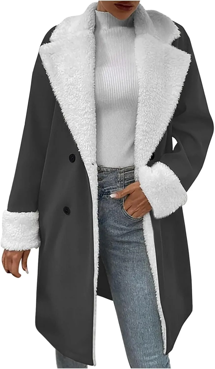 Women Notched Collar Double Breasted Sherpa Fleece Lined Overcoat Winter Warm Trench Coat Thick Long Jacket Pea Coats