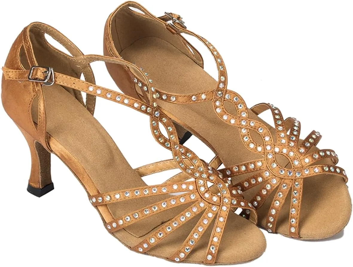 Women Open Toe Rhinestones Latin Ballroom Dance Shoes Salsa Party Bridal Wedding Performence Dancing Shoes