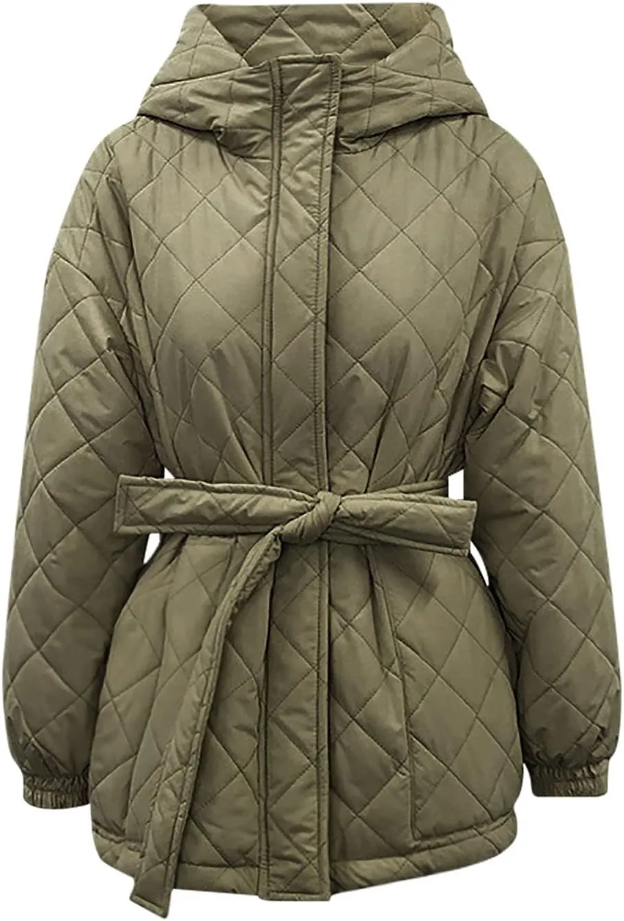Women Quilted Lightweight Jacket Long Puffer Jacket Hooded Winter Coat With Belt Oversized Fashion Parka Down Jacket