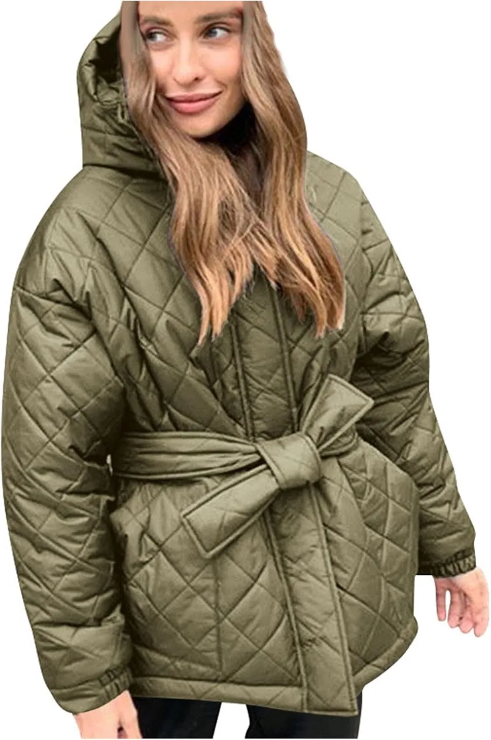 Women Quilted Lightweight Jacket Long Puffer Jacket Hooded Winter Coat With Belt Oversized Fashion Parka Down Jacket