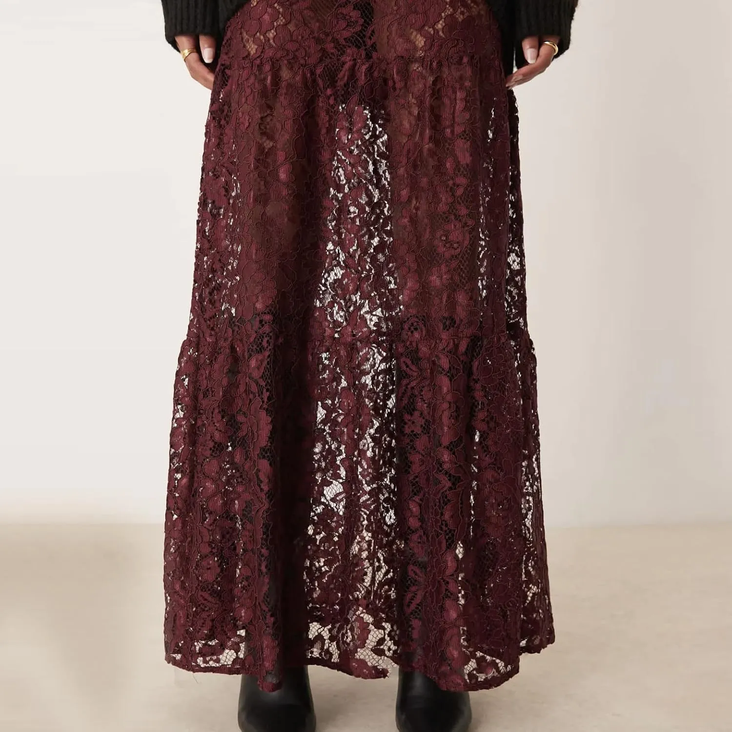 Women Sexy See Through Floral Lace Long Skirt Summer Y2k Solid Elastic Waist Sheer Mesh Lace Flowy Maxi Skirt