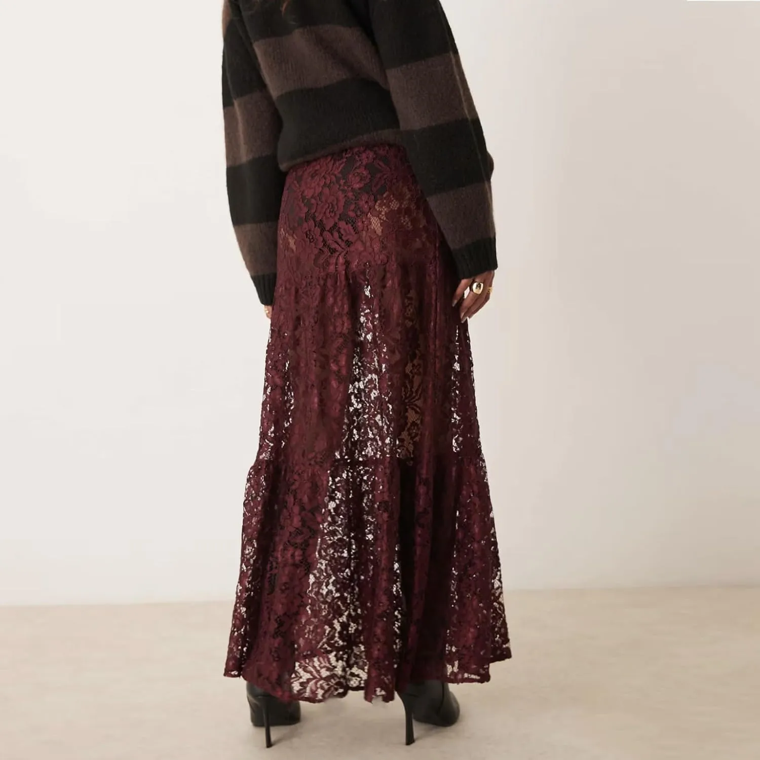 Women Sexy See Through Floral Lace Long Skirt Summer Y2k Solid Elastic Waist Sheer Mesh Lace Flowy Maxi Skirt