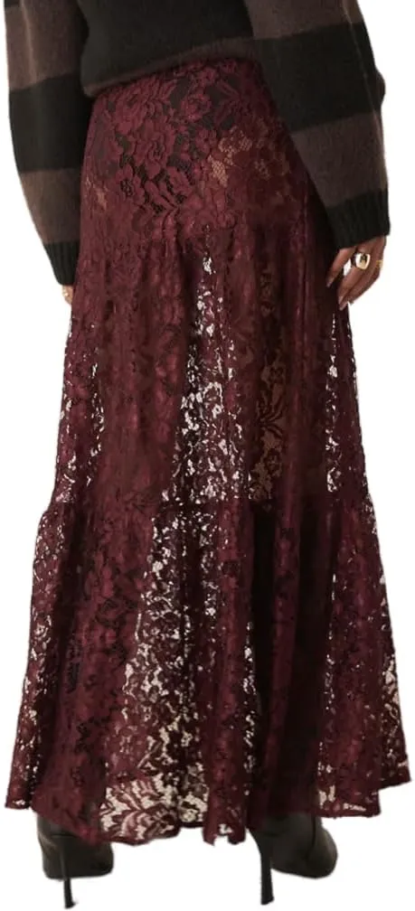 Women Sexy See Through Floral Lace Long Skirt Summer Y2k Solid Elastic Waist Sheer Mesh Lace Flowy Maxi Skirt