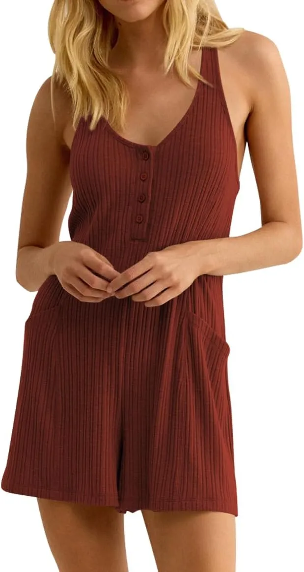Women Sleeveless Ribbed Romper Shorts Loose Fit Button Up Tank Top Casual Jumpsuits with Pockets
