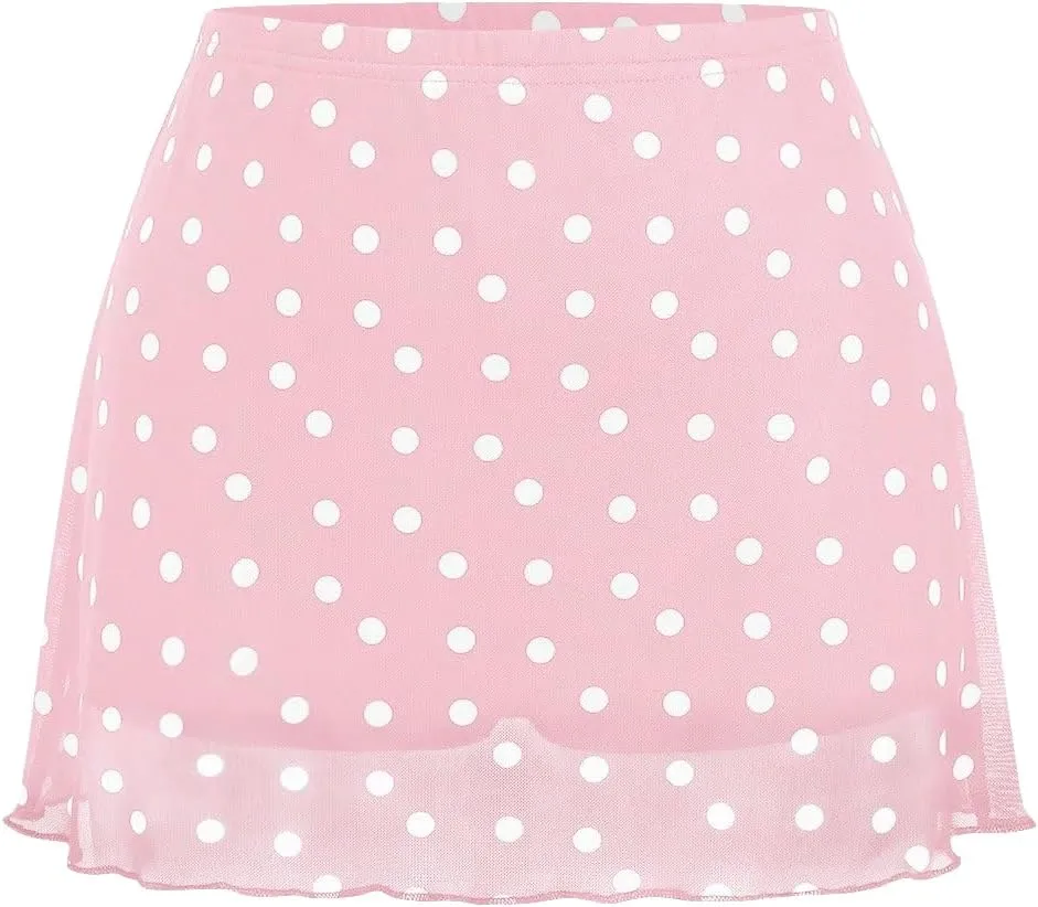 Women Y2k Cute Polka Dot Mesh A-Line Mini Skirt Vintage Low Rise Dots Printed Flowy Short Skort Summer Skirts
