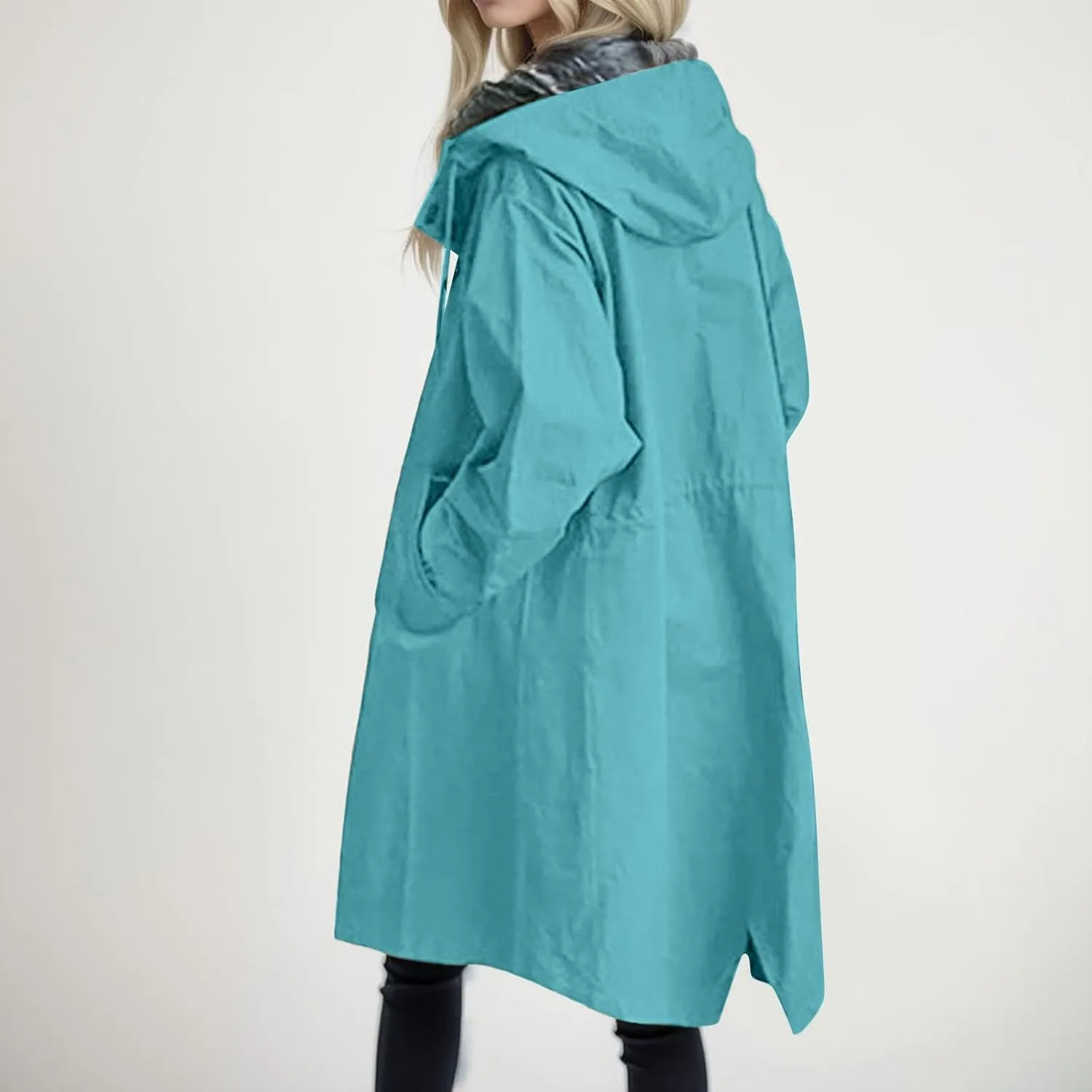 Womens 2024 Elegant Temperament Button Windbreaker Long Sleeve Hooded Trench Coat Loose Comfortable Outwear with Pocket