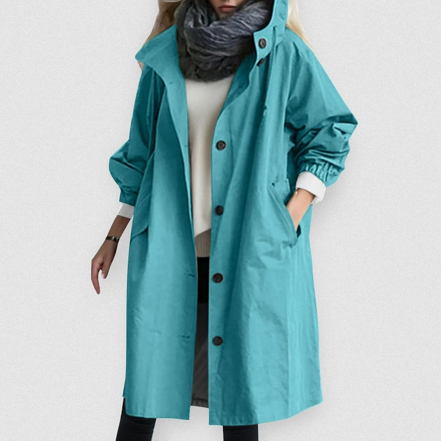 Womens 2024 Elegant Temperament Button Windbreaker Long Sleeve Hooded Trench Coat Loose Comfortable Outwear with Pocket