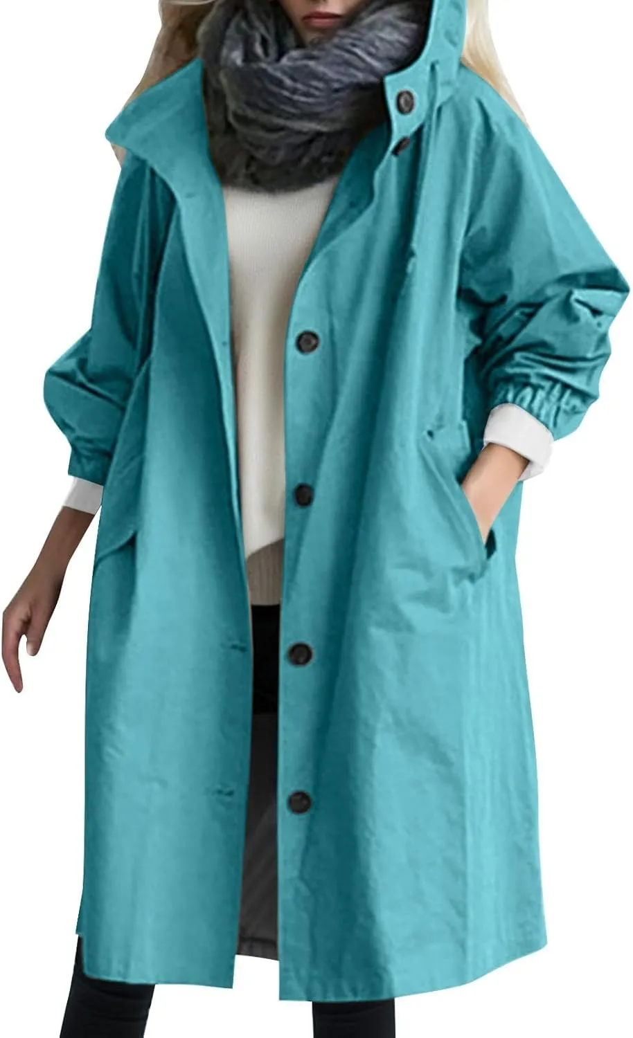 Womens 2024 Elegant Temperament Button Windbreaker Long Sleeve Hooded Trench Coat Loose Comfortable Outwear with Pocket