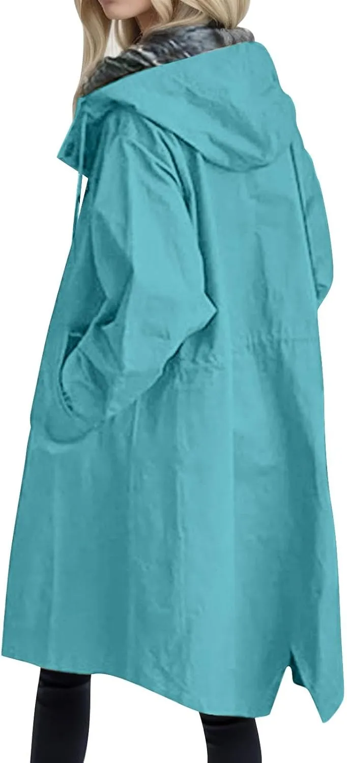 Womens 2024 Elegant Temperament Button Windbreaker Long Sleeve Hooded Trench Coat Loose Comfortable Outwear with Pocket