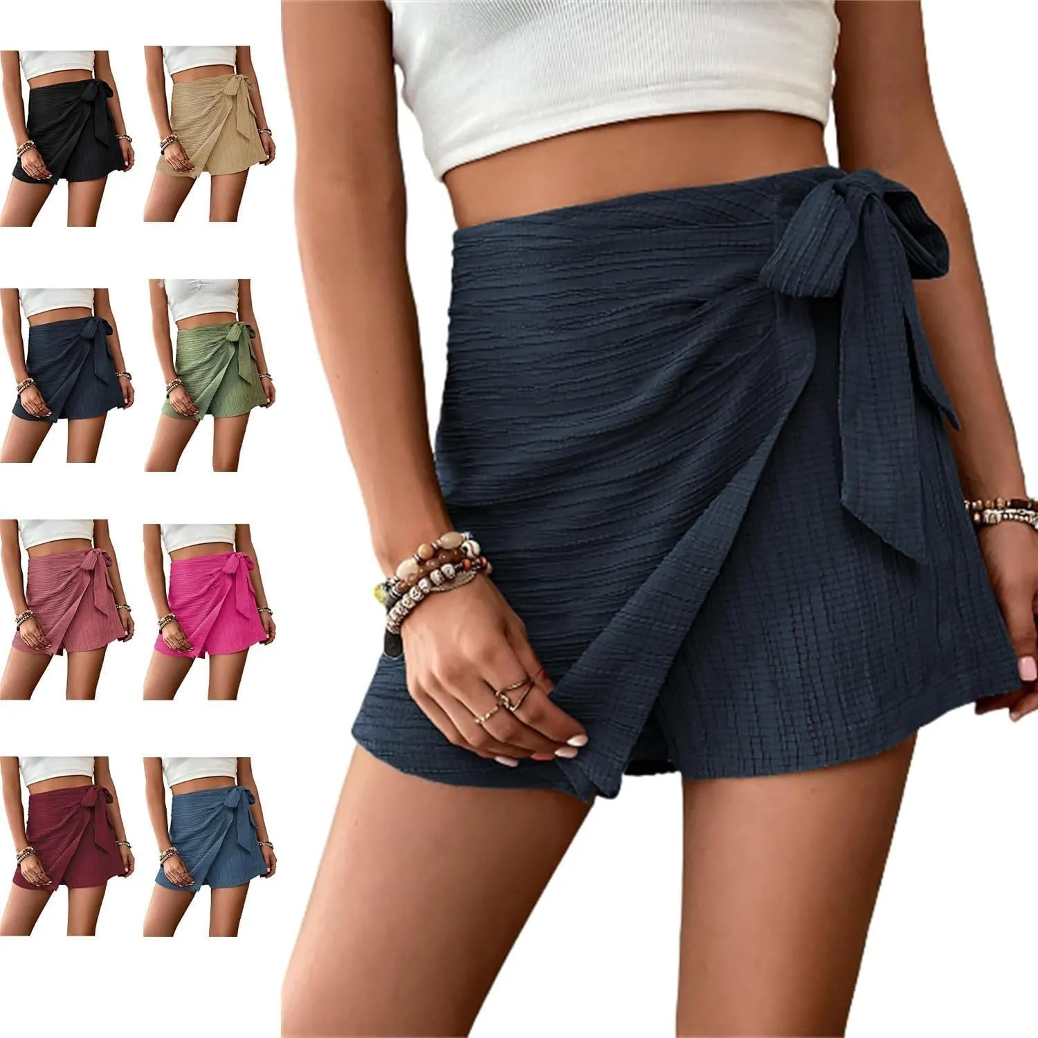 Women's Asymmetric Solid Color Self-Tie Mini Skirt Beach OutfitsKnot High Waist Belted SkortsFashion Beach Skirt